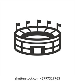 Stadium Icon Vector. Minimal Line Art Design of Sports Arena with Flags.