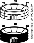 Stadium icons. Black and White Vector Icons of Sports Stadium Building. Arena with Flags, Sports Complex. Architecture Concept