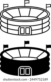 Stadion-Symbole. Schwarz-Weiß-Vektor-Ikonen des Sportstadion-Gebäudes. Arena mit Fahnen, Sportkomplex. Architekturkonzept