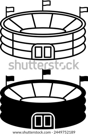 Stadium icons. Black and White Vector Icons of Sports Stadium Building. Arena with Flags, Sports Complex. Architecture Concept