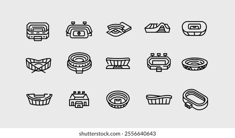 Stadium icons. Set of 15 modern minimal stadium icons. Football stadium, modern arena, concert venue icon. Design symbols for sports events, public spaces, architecture projects. Vector illustration