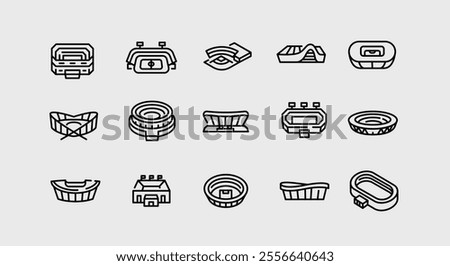 Stadium icons. Set of 15 modern minimal stadium icons. Football stadium, modern arena, concert venue icon. Design symbols for sports events, public spaces, architecture projects. Vector illustration