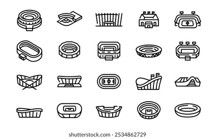 Stadium icons. Set of 20 modern minimal stadium icons. Football stadium, modern arena, concert venue icon. Design symbols for sports events, public spaces, architecture projects. Vector illustration