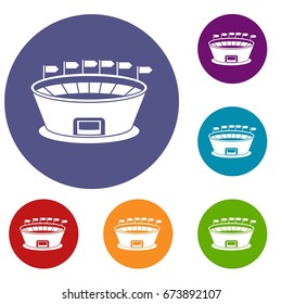 Stadium icons set in flat circle reb, blue and green color for web