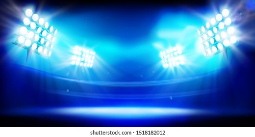 Stadium illuminated by floodlights. Stage on blue background. Abstract vector illustration.