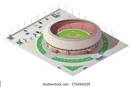 Stadium Isometric Building Of Baseball Sport. 3d Vector Sporting Arena With Green Play Field, Tribunes And Floodlights, Car And Bus Parking, Street And Road, Architecture, City Infrastructure Design