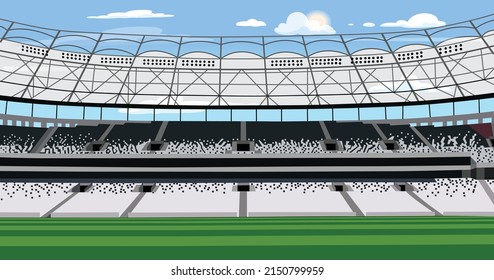 Stadium landscape vector illustration with sky background, seat, green field, clouds, sun in cartoon style.Stadium or building vector.