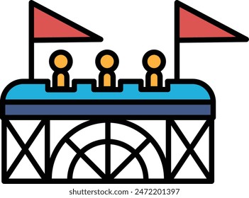 A stadium with a large archway and flags on the top. The flags are in different sizes and colors