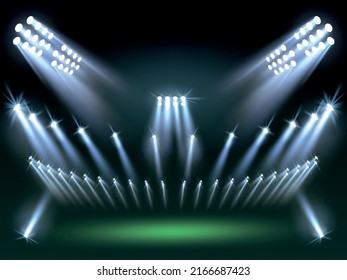 Stadium lights background. Directional sources, football field searchlights, cold rays, sport arena lighting design, different projectors, Illuminated scene, utter vector realistic concept
