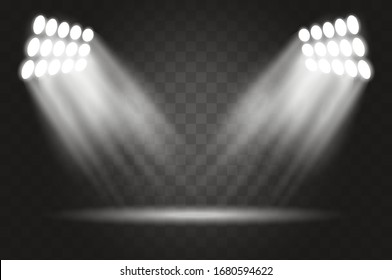 Stadium lights effect on a transparent background. Spotlights realistic vector illustration. Lighting design template, empty scene.