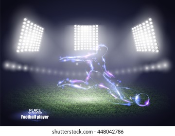Stadium lights. Motion design. Football player, kick a ball. Three spotlights on a football field. Vector illustration EPS10