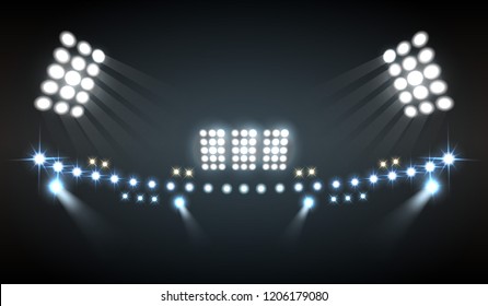 Stadium lights realistic composition with show and technology symbols vector illustration