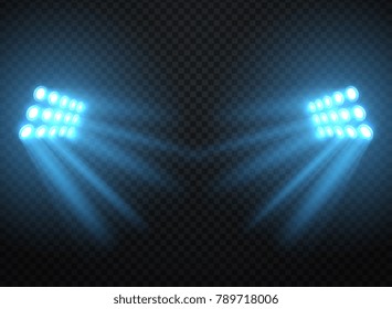 Stadium lights, shiny projectors isolated. Vector spotlight template. Lighti projector illuminated for concert and game illustration