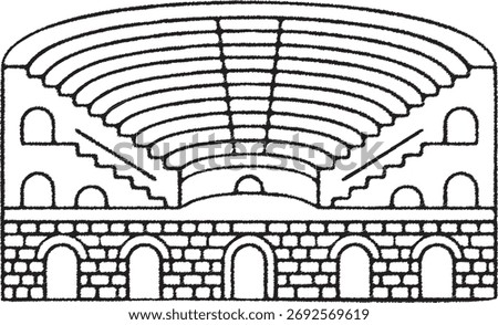 A stadium like arena with tiered steps and arched openings is illustrated in monochrome lines
