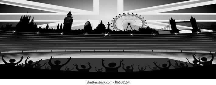 stadium with London skyline - banner - vector