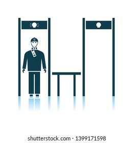 Stadium Metal Detector Frame With Inspecting Fan Icon. Shadow Reflection Design. Vector Illustration.
