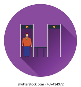 Stadium metal detector frame with inspecting fan icon. Flat color design. Vector illustration.