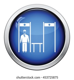 Stadium metal detector frame with inspecting fan icon. Glossy button design. Vector illustration.