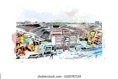 Stadium in Nashville, Tennessee,USA. Watercolor splash with hand drawn sketch illustration in vector.