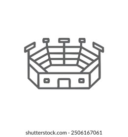 Stadium outline icon vector illustration. Simple line drawing of a stadium with bleachers, lights, and an entrance. Great for sports, competition, and event graphics.