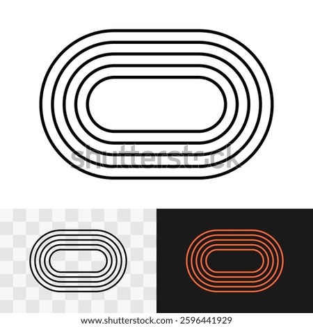 Stadium rounded square black line simple icon with running lines. Oval race track top view simple symbol. Editable stroke.