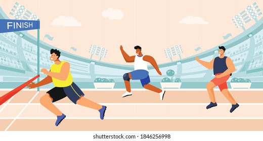 Stadium running track composition with view of open air arena with stands and jogging athlete characters vector illustration