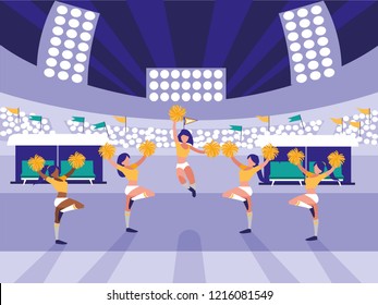 stadium scene with group of cheerleaders