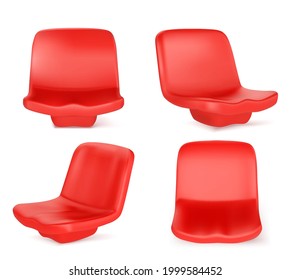 Stadium seats, red plastic chairs front and angle view. Equipment, place for visitors of outdoor competition or performance, design elements isolated on white background Realistic 3d vector mockup set