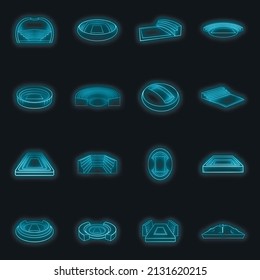 Stadium set icons in neon style isolated on a black background
