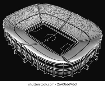 A stadium with a soccer field in the center. The stadium is empty and the field is black