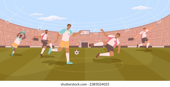 Stadium soccer people, football players on field. Vector dynamic poses of people in uniform, tense moment on field. Soccer stadium players. Football match players kicking ball, championship