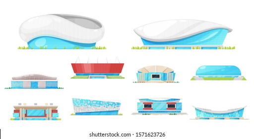 Stadium and sport arena building vector icons. Football or soccer game, ice hockey, basketball and baseball stadium exteriors with play fields, scoreboards and rink, light masts and entrances