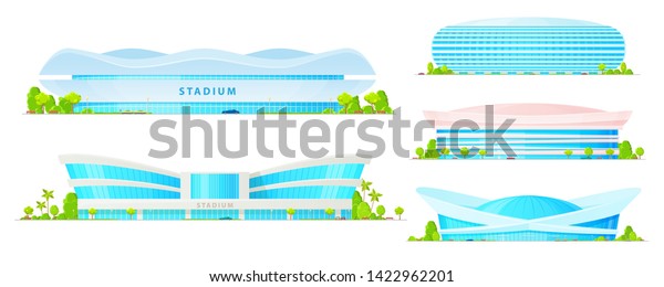 Stadium and sport arena buildings of soccer,\
football, basketball and baseball, athletic tracks and fields\
vector icons. Architecture of modern city, sporting constructions\
with glass facades,\
lights