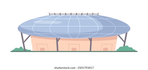 Stadium, sport building area or swimming pool exterior. Modern construction with entrance for soccer or football championship, vector flat cartoon. Public stadium front view, city playground