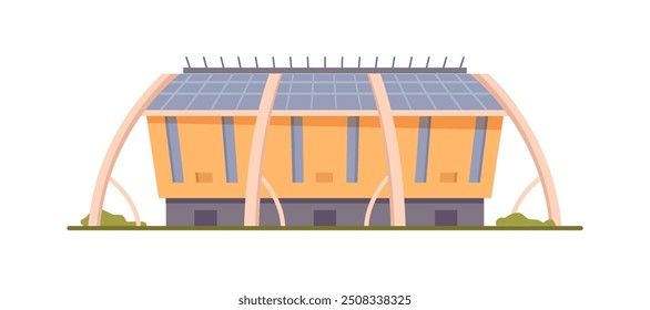 Stadium, sport building arena, vector swimming pool exterior. Public stadium front view, city playground for sport activities. Modern construction with entrance for soccer or football championship