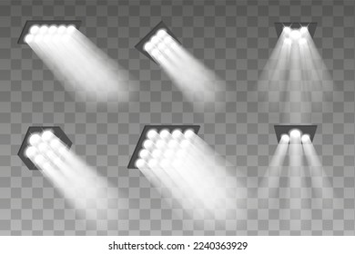 Stadium spotlights. Football field directional light sources, realistic searchlights. Scene spotlights set. Bright illumination. Big area illumination professional lamp with directional light decent