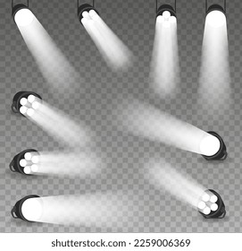 Stadium spotlights. Football field directional light sources, realistic searchlights. Scene spotlights set isolated on transparent background. Bright illumination.