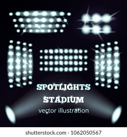 Stadium spotlights realistic set of white cold soffits and floodlights on black background  isolated vector illustration