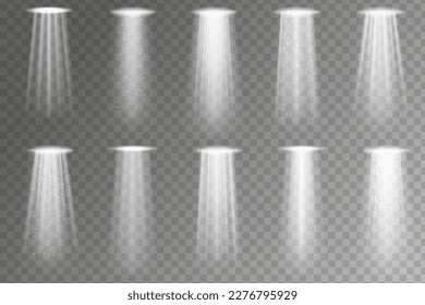 Stadium spotlights. Scene illumination collection, transparent effects. Bright lighting with spotlights. Glowing light effect with white rays and beams.