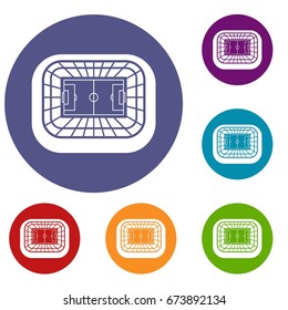 Stadium top view icons set in flat circle reb, blue and green color for web