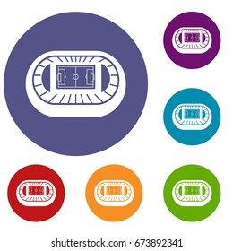 Stadium top view icons set in flat circle reb, blue and green color for web