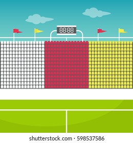 Stadium tribune with flags and scoreboard / flat editable vector illustration, clip art