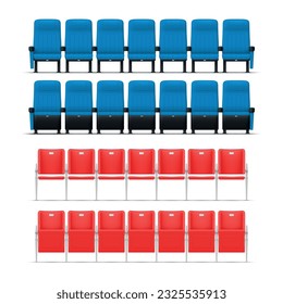 Tribune estadio con asientos abiertos y cerrados, filas de audiencia, competencia pública de silla de audiencia, set ilustración vectorial realista. Sección de espectadores de fans azules y rojos para el torneo de juegos de escenario