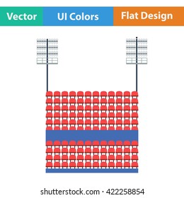 Stadium tribune with seats and light mast icon. Flat design in ui colors. Vector illustration.