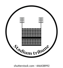 Stadium tribune with seats and light mast icon. Thin circle design. Vector illustration.