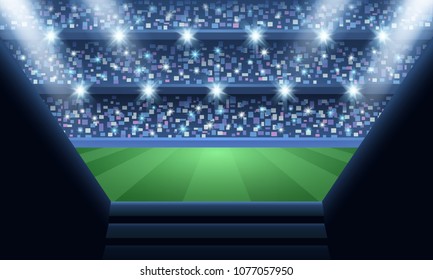 Stadium with tribunes and lights. Soccer  field and spotlights. Football arena.