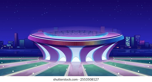 Stadium under the night sky, sports arena against the backdrop of the urban landscape. City infrastructure, modern architecture, city square, lawn and paths, lighting lanterns. Vector cartoon.