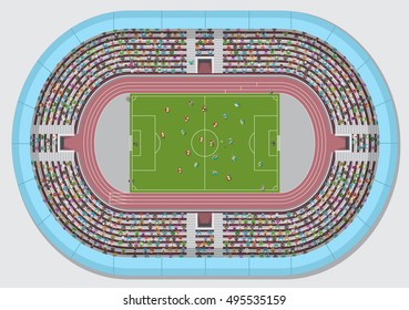 Stadium view from above.
Football field view from above.
Fans in the stands watching the match.