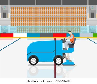 Stadium worker cleans rink on blue modern car cleaning ice. Vector illustration