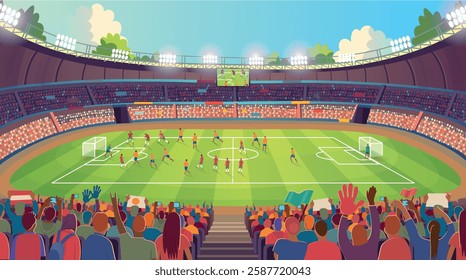 The stadium's Grand Arena with a football match and fans. Soccer stadium. A large stadium arena with fans and a soccer field. Soccer field and fans. Soccer fans cheer their team.